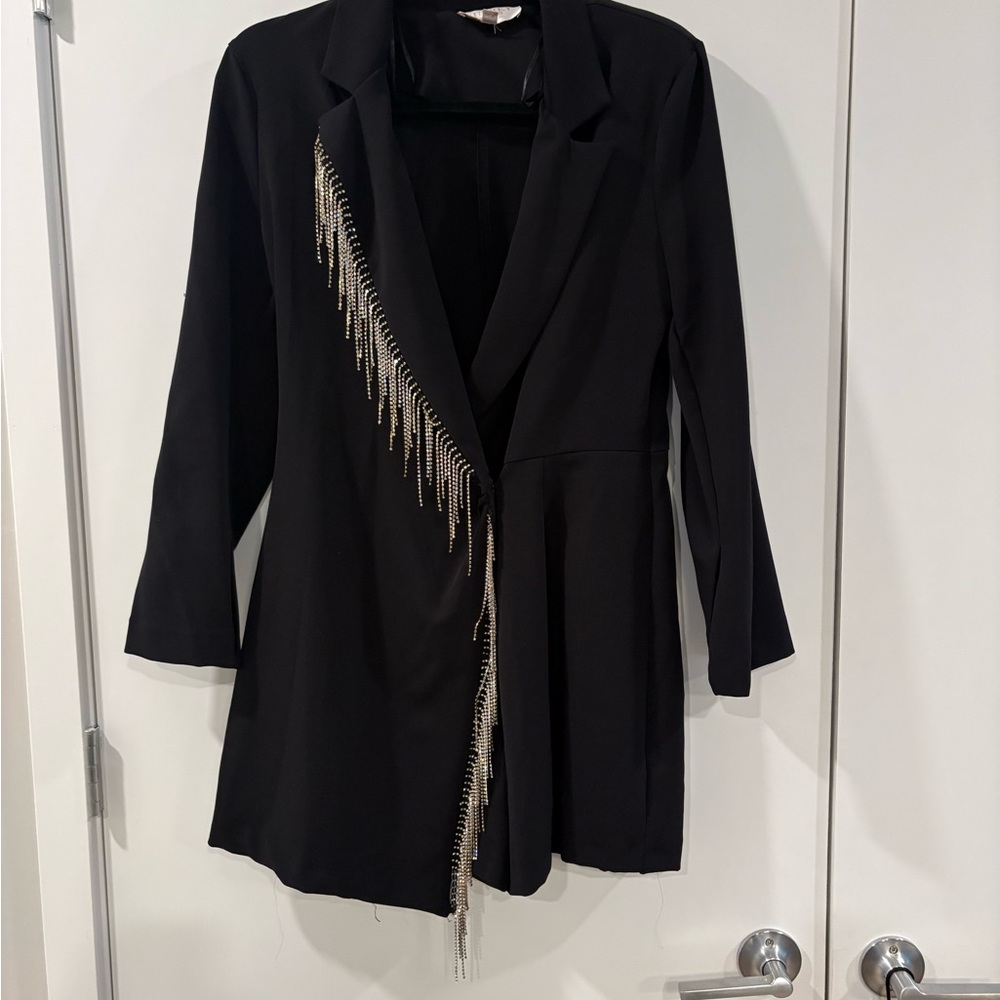 Elegant Black Romper Blazer Dress with Silver Accents